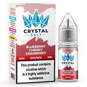 Product image showing a box and a bottle of Crystal Salt Blueberry Cherry Cranberry Nicotine Salt E Liquid, with flavor names and nicotine strength indicated.